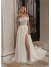 Beaded Ivory Lace Tulle Slit Enchanting Wedding Dress